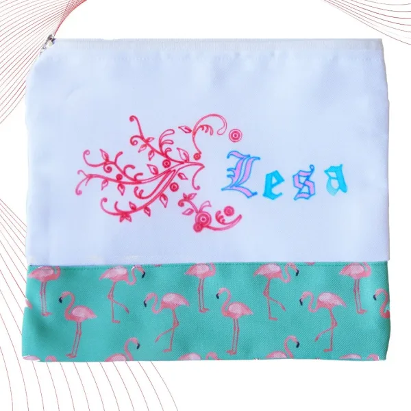 Personalized flamingo tote bag with custom name printed, tropical-themed reusable gift bag for Orlando hotel and vacation deliveries